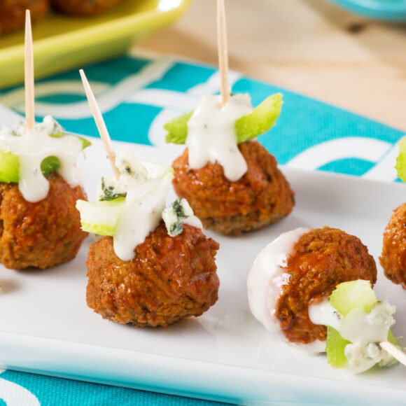 Meatballs On A Toothpick With Buffalo Sauce And Blue Cheese
