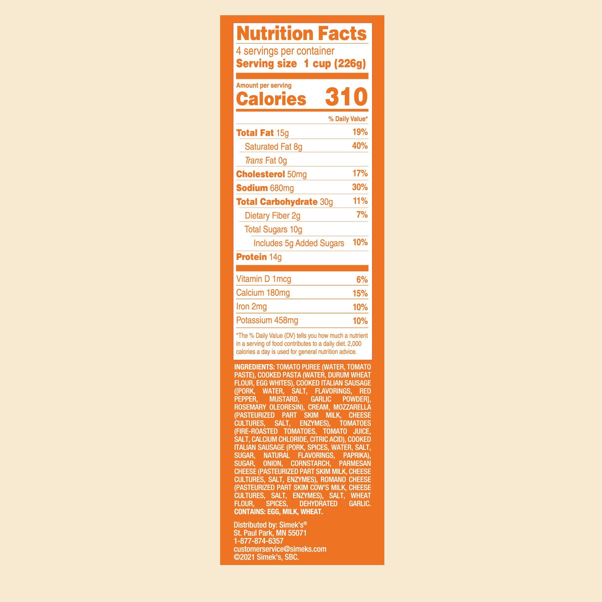 italian sausage baked ziti nutrition facts